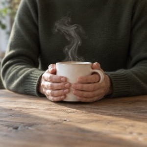 Two hands cupped around a cream ceramic mug on a wooden table, thin steam rising
