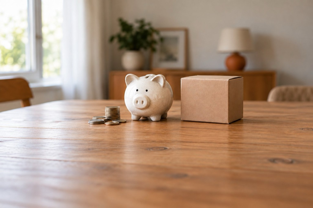 A stack of coins and a ceramic piggy bank beside a plain cardboard box