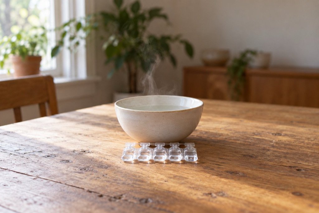 A strip of clear saline vials on a wooden table in front of a steaming bowl